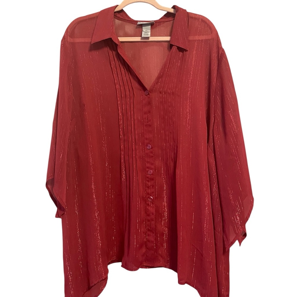 Maggie Barnes Catherines Red Sheer Shimmery Button Shark Bite Flowy Blouse 2X
